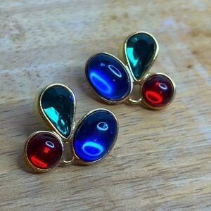 Art Deco Clear Red Blue and Green Cabo Style Glass Statement Post Earrings